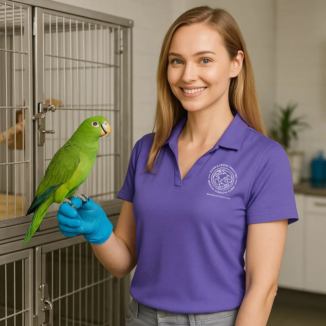Womens Polo shirt from Avian Exotic by Winks Design Studio, LLC, featuring a colorful bird design on the front.