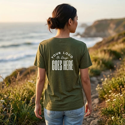 Back view of a woman in a military green custom t-shirt with a large white "Your Logo or Design Goes Here" back print on a coastal trail