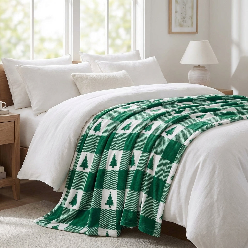 Bed with green and white checkered blanket and white pillows in a bright bedroom.