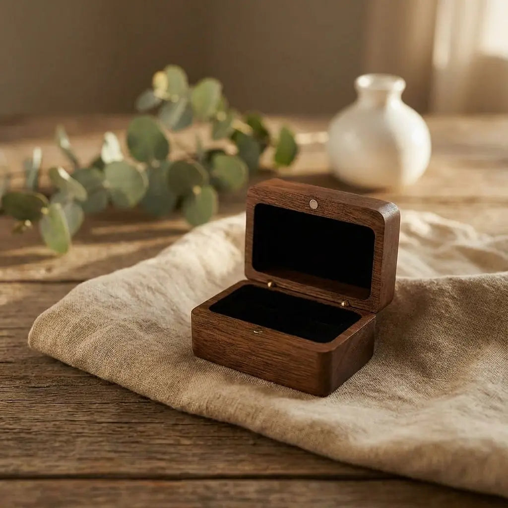 Custom engraved wood jewelry box with personalized design, featuring a hinged lid and soft interior for rings and small jewelry.