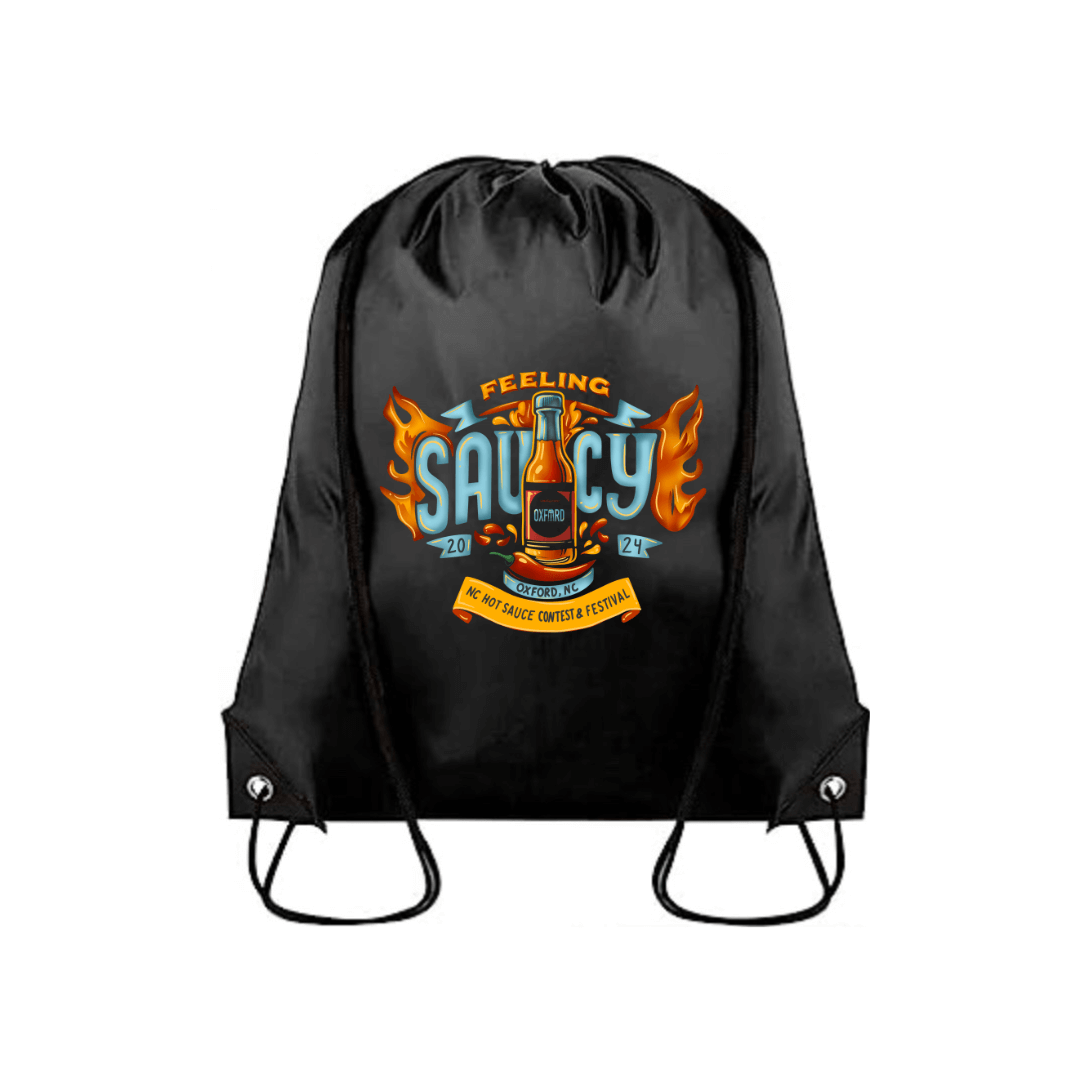 NC Hot Sauce Contest & Festival Cinch Bag with Feeling Saucy design, perfect for carrying essentials at the 2024 event.