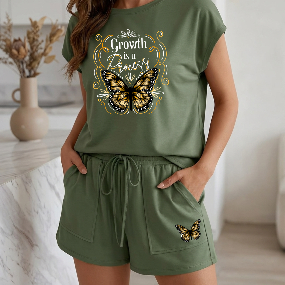 Winks Design Studio Growth Is A Process loungewear short set in soft fabric, featuring a comfortable fit and motivational print.