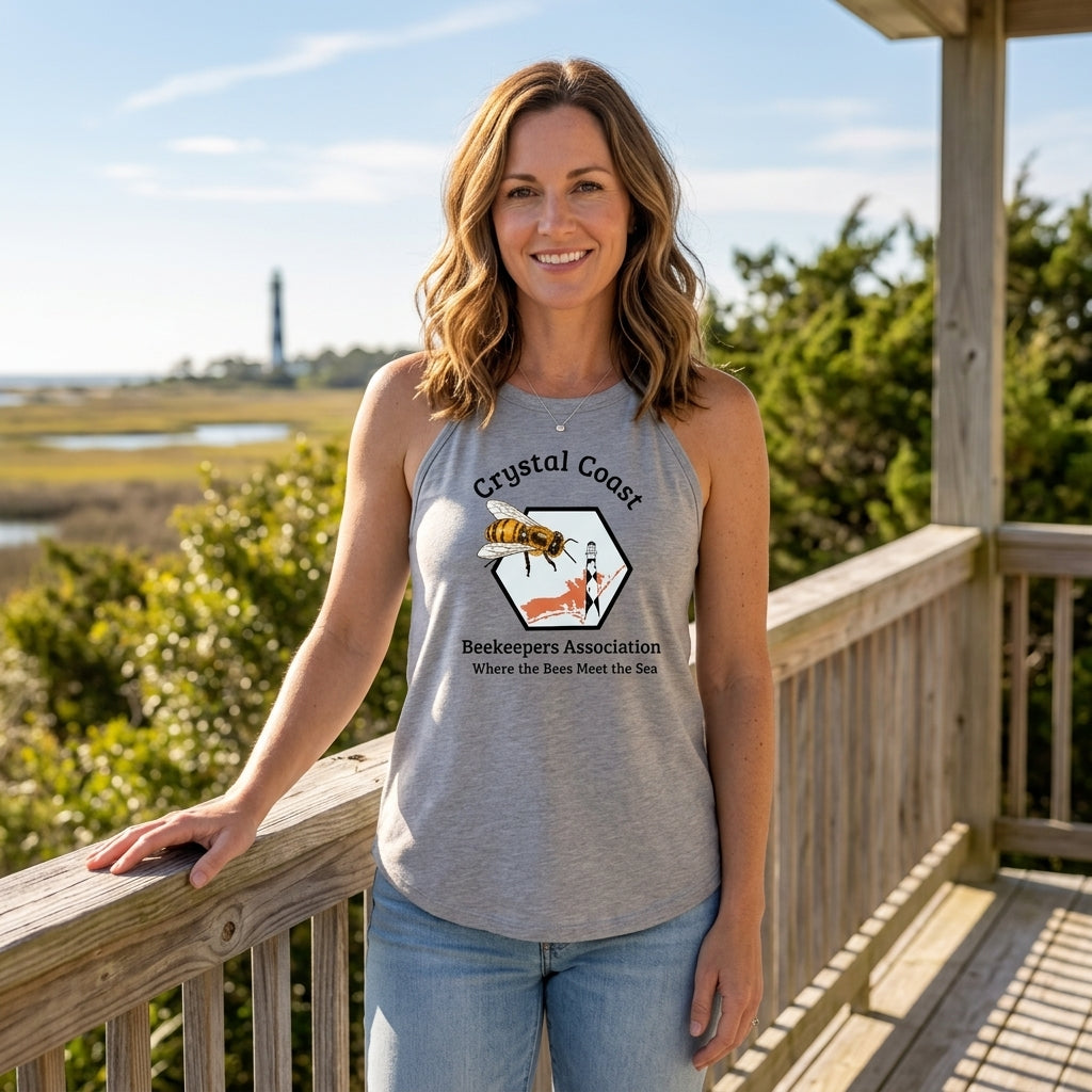 Winks Design Studio Crystal Coast Beekeepers halter tank top featuring a stylish beekeeping-inspired design on lightweight fabric.