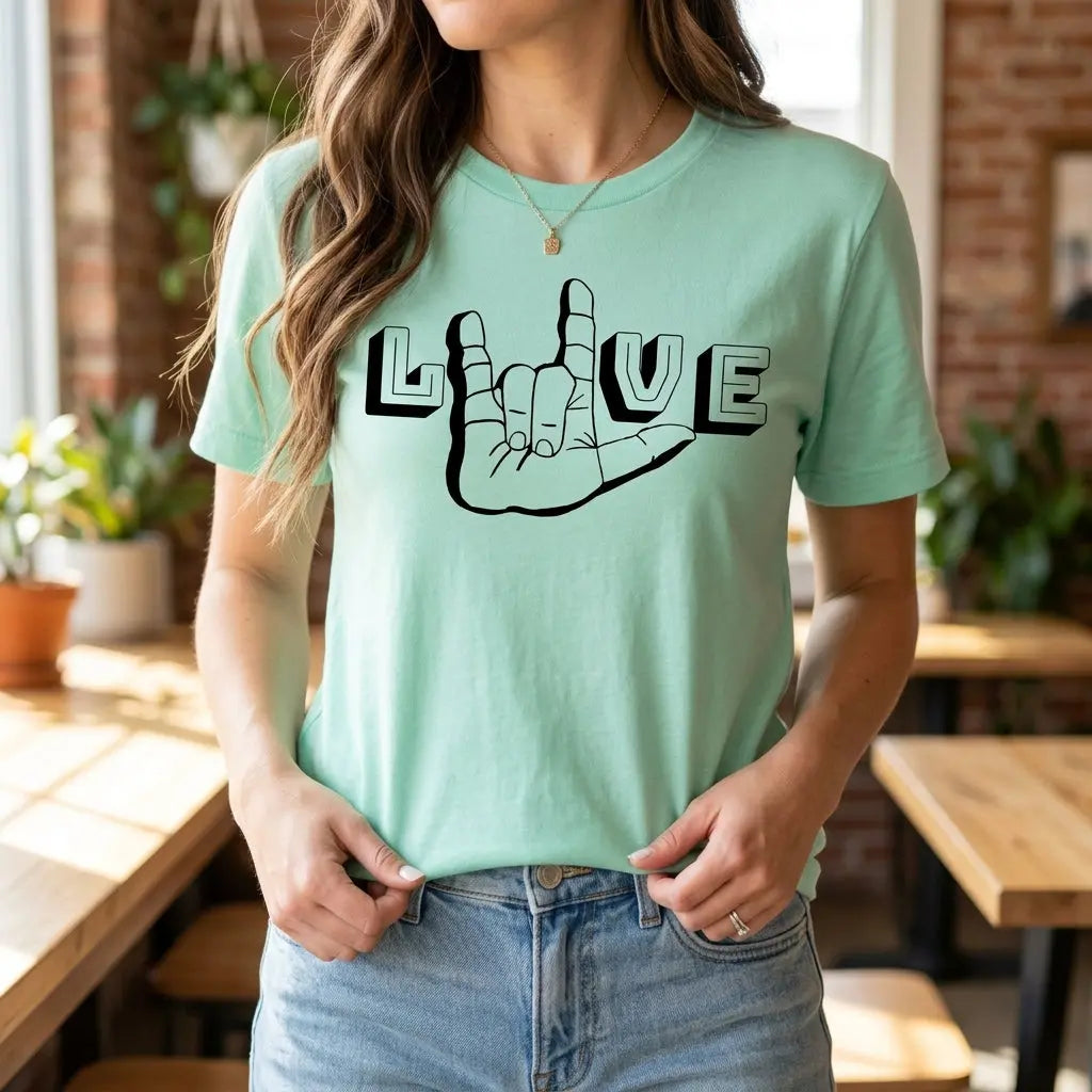Winks Design Studio LLC ASL I Love You T-shirt featuring the American Sign Language hand gesture for "I love you."