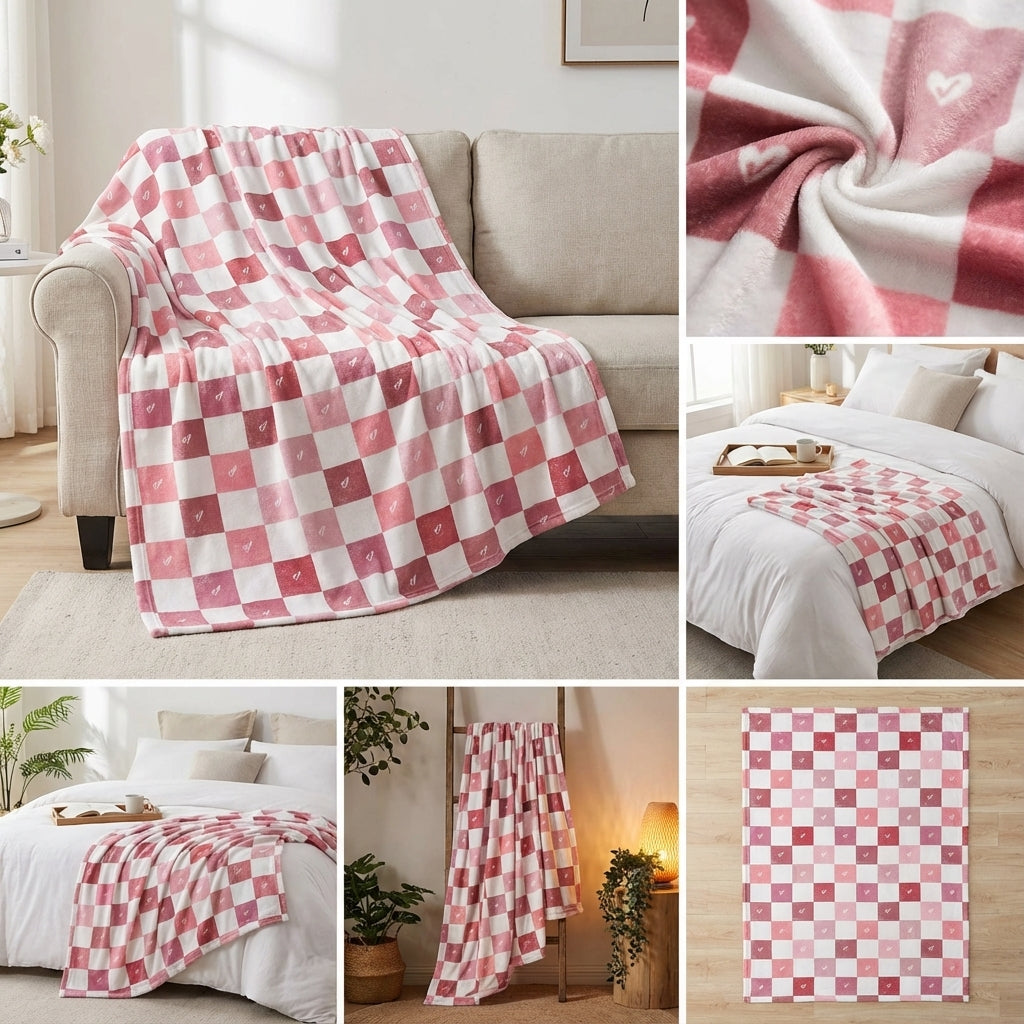 Collage of a pink and white checkered blanket in various settings.