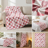 Collage of a pink and white checkered blanket in various settings.