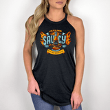 Woman wearing NC Hot Sauce Contest & Festival halter tank with "Feeling Saucy" design