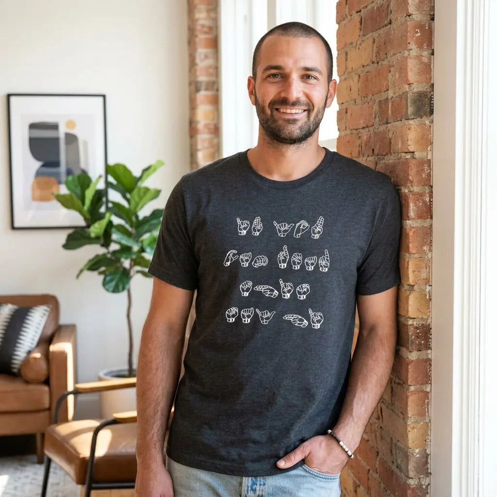 Black ASL T-shirt from Winks Design Studio, LLC with white text reading "If You Can Read This, Say Hi" displayed on the front.
