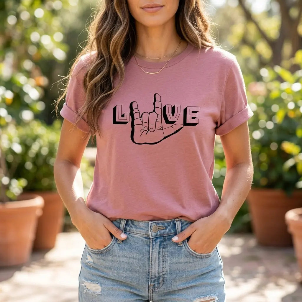 ASL I Love You shirt by Winks Design Studio LLC, white T-shirt featuring ASL sign language phrase with colorful heart design