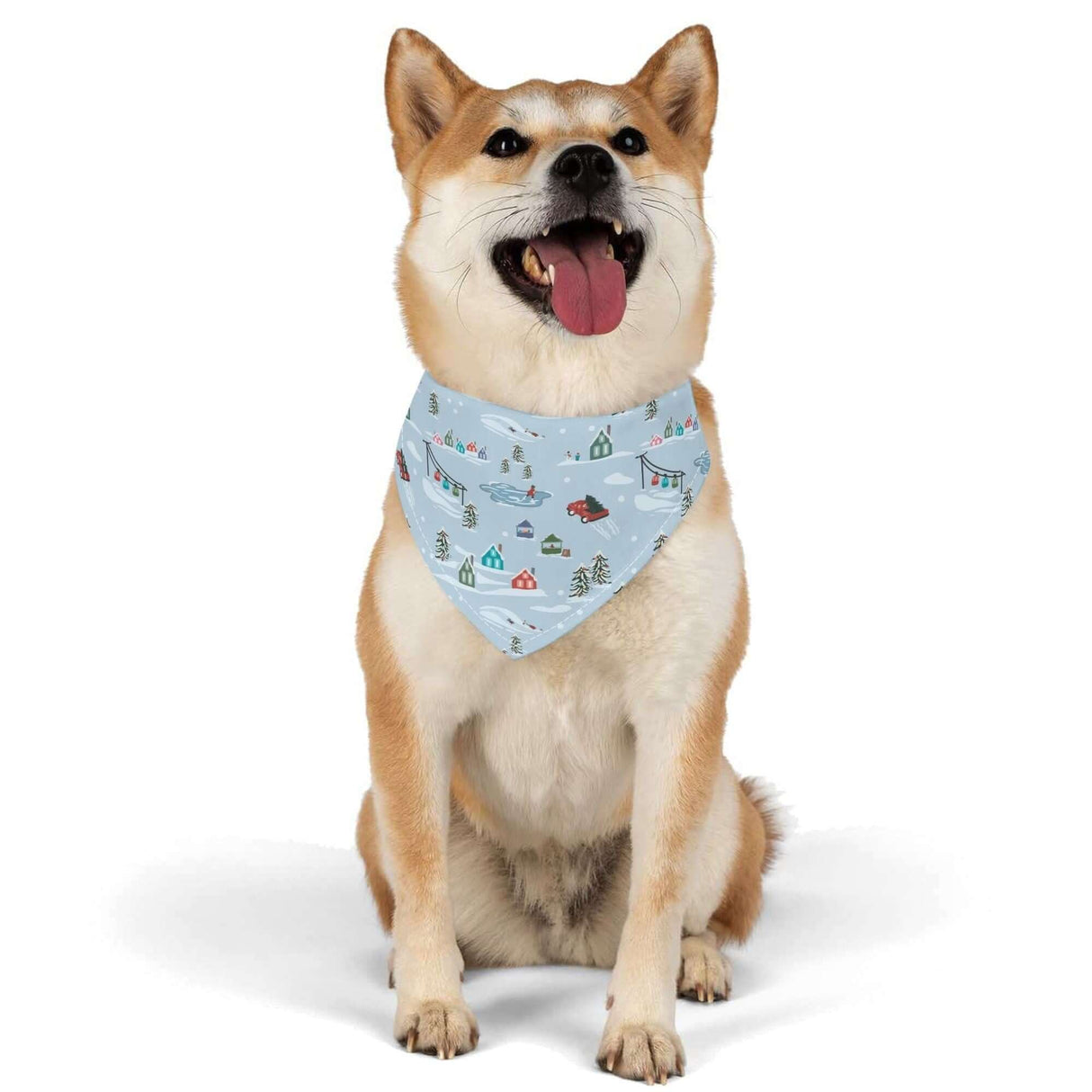 Cheerful dog wearing a Christmas Village Dog Bandana with festive holiday design, perfect for seasonal pet wardrobe.