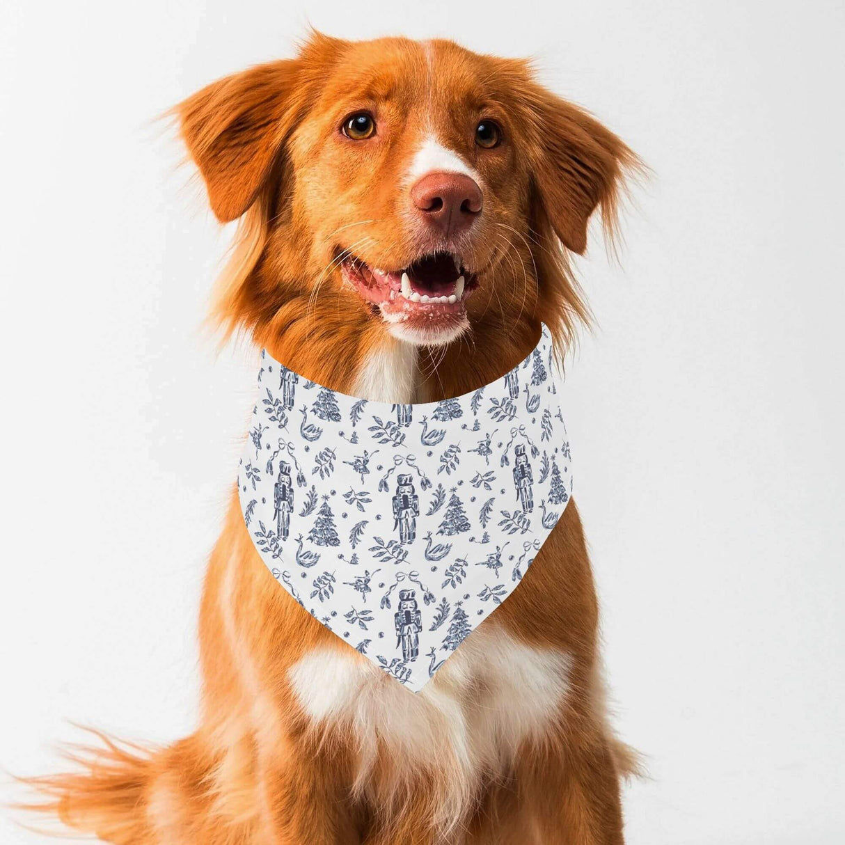 Nutcracker Dog Bandana on a happy golden retriever, featuring a whimsical holiday design for festive celebrations.