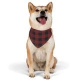 Happy dog wearing a red and black buffalo plaid bandana, showcasing a stylish and cozy look perfect for any occasion.