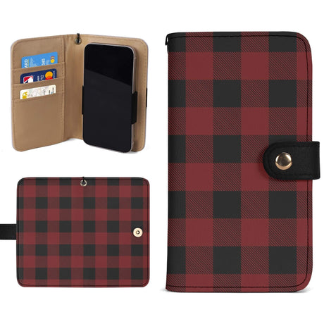 Red buffalo plaid phone flip case showcasing durable design and multiple card slots for stylish protection.