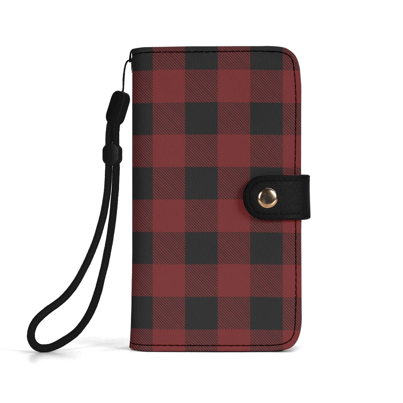 Red buffalo plaid phone flip case with wrist strap, combining style and durability for phone protection.