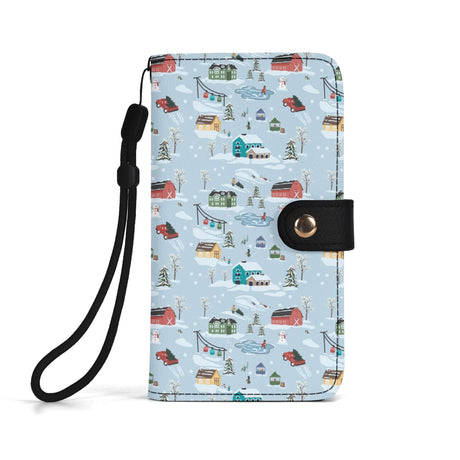 Christmas Village Phone Flip Case with charming holiday pattern and detachable wrist strap, perfect for festive style and practicality.