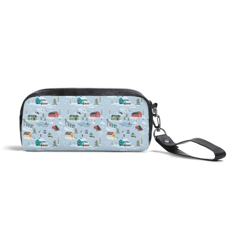 Christmas Village Cosmetic Bag in light blue with whimsical holiday design, ideal for beauty essentials and travel.