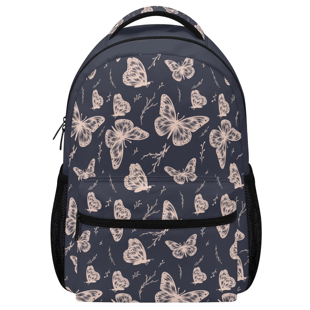 Colorful whimsical butterfly backpack from Winks Design Studio, LLC with adjustable straps and vibrant butterfly print.