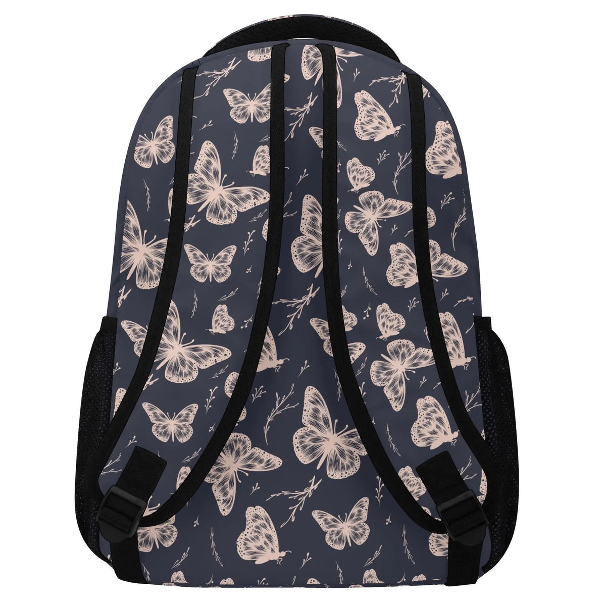Colorful whimsical butterfly backpack by Winks Design Studio, LLC featuring adjustable straps and playful butterfly design.