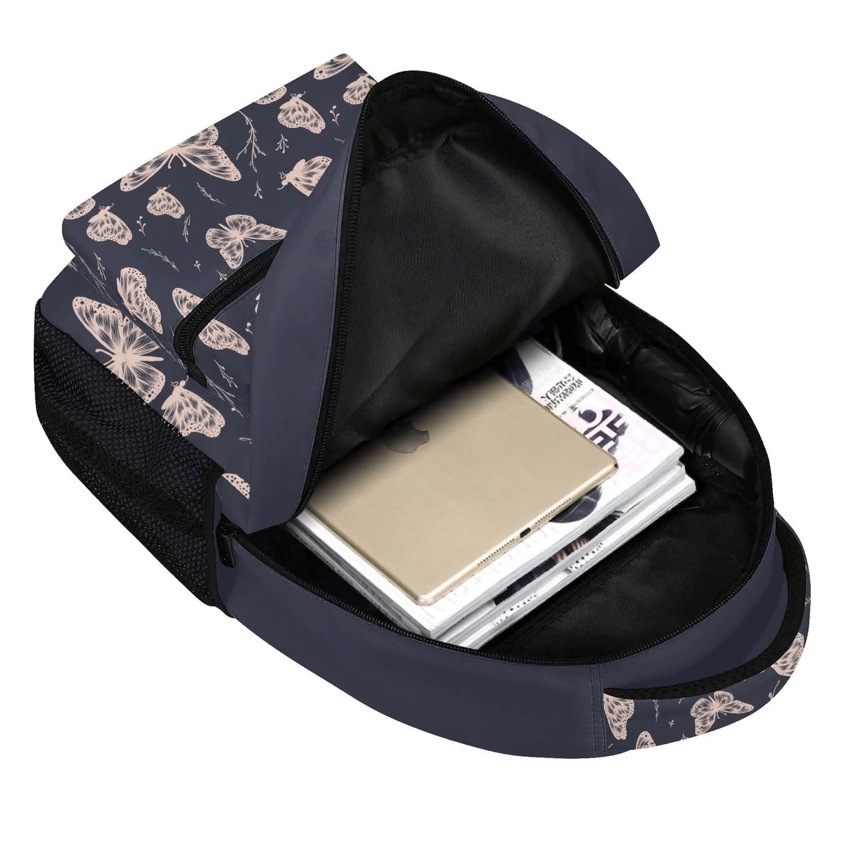 Whimsical butterfly backpack by Winks Design Studio, LLC featuring colorful butterfly embroidery and adjustable straps.