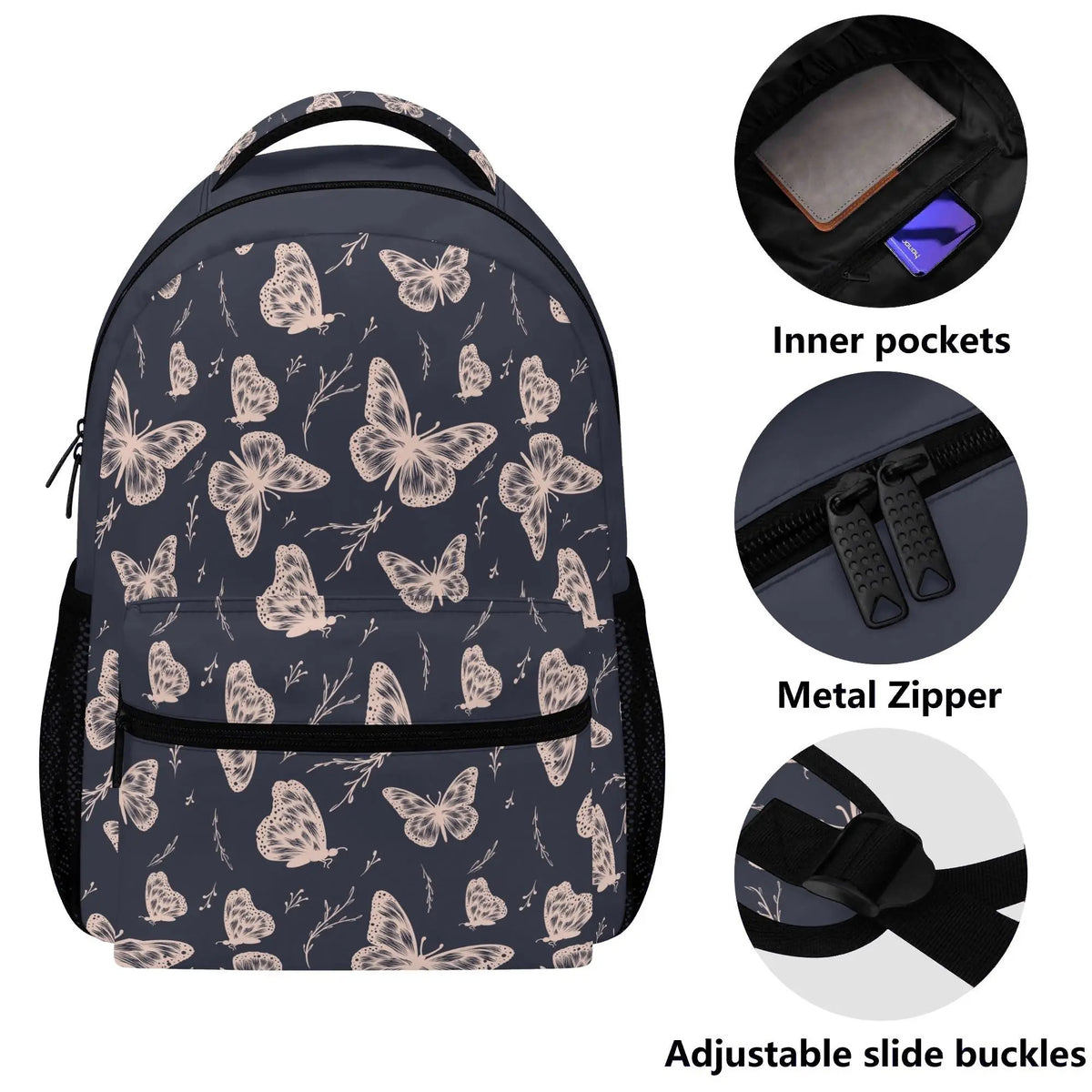 Whimsical butterfly backpack by Winks Design Studio, LLC with colorful butterfly design and adjustable straps.