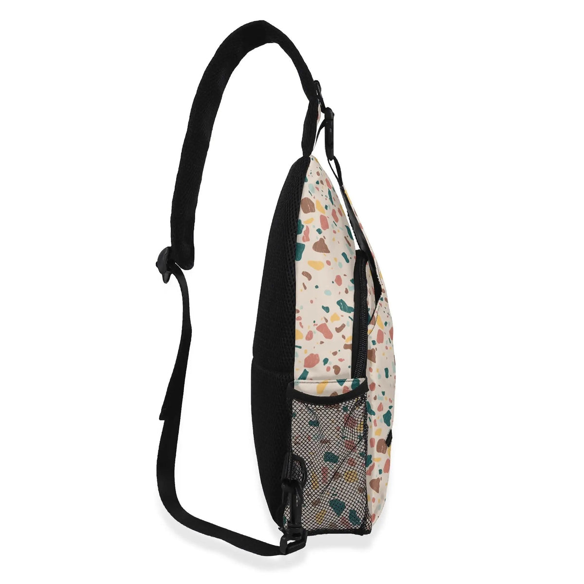 Winks Design Studio terrazzo crossbody bag with adjustable strap, featuring colorful terrazzo pattern and compact design.