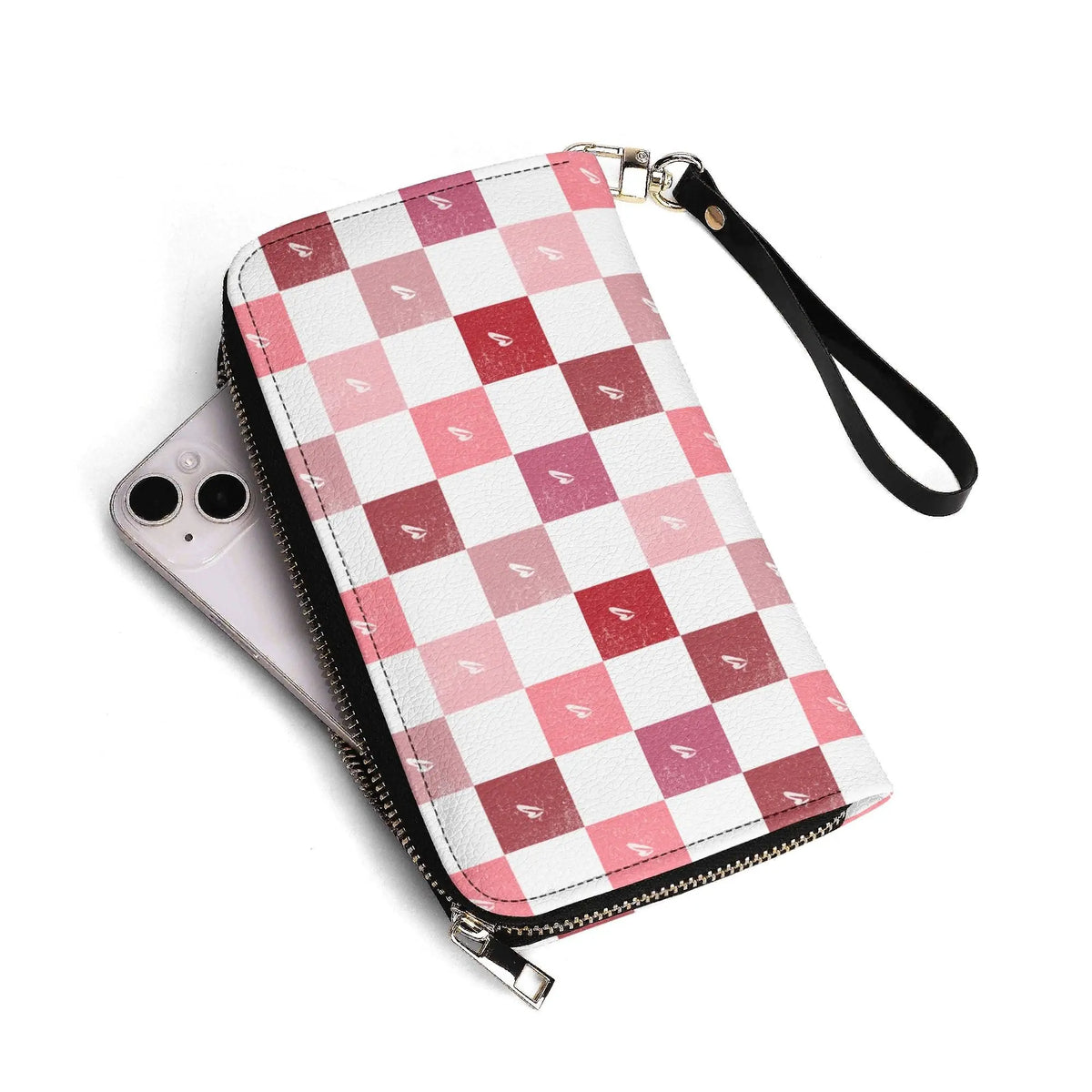 Checkerboard hearts wallet by Winks Design Studio, LLC with black and white checkered pattern and heart details.