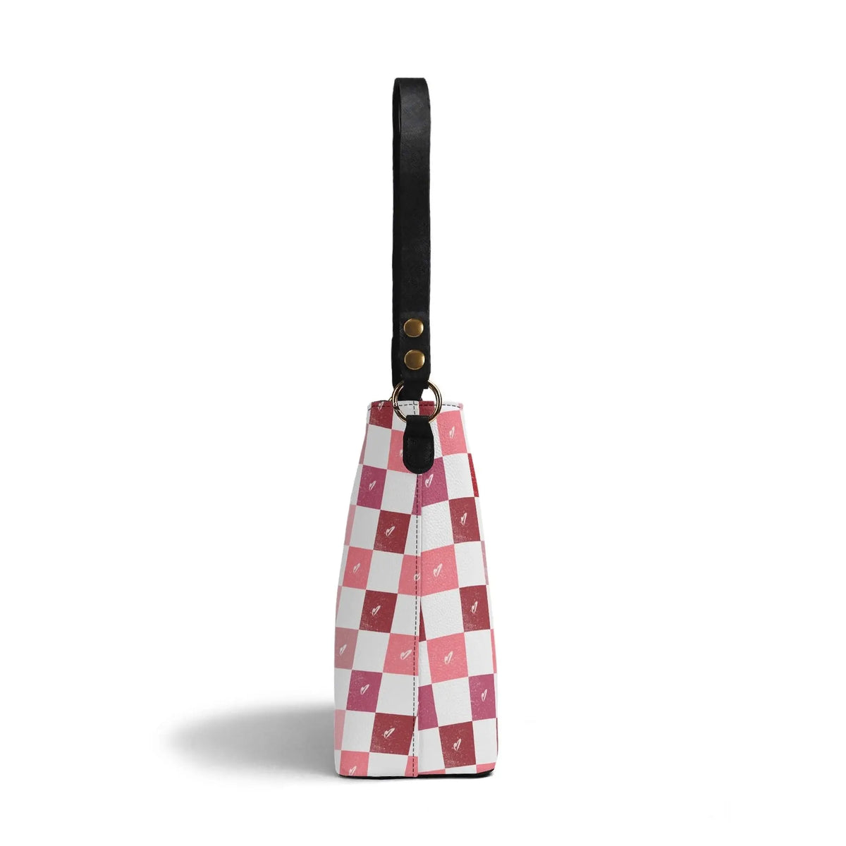 Checkerboard hearts pattern on Winks Design Studio LLC handbag, stylish bucket bag with colorful heart and checkerboard design.