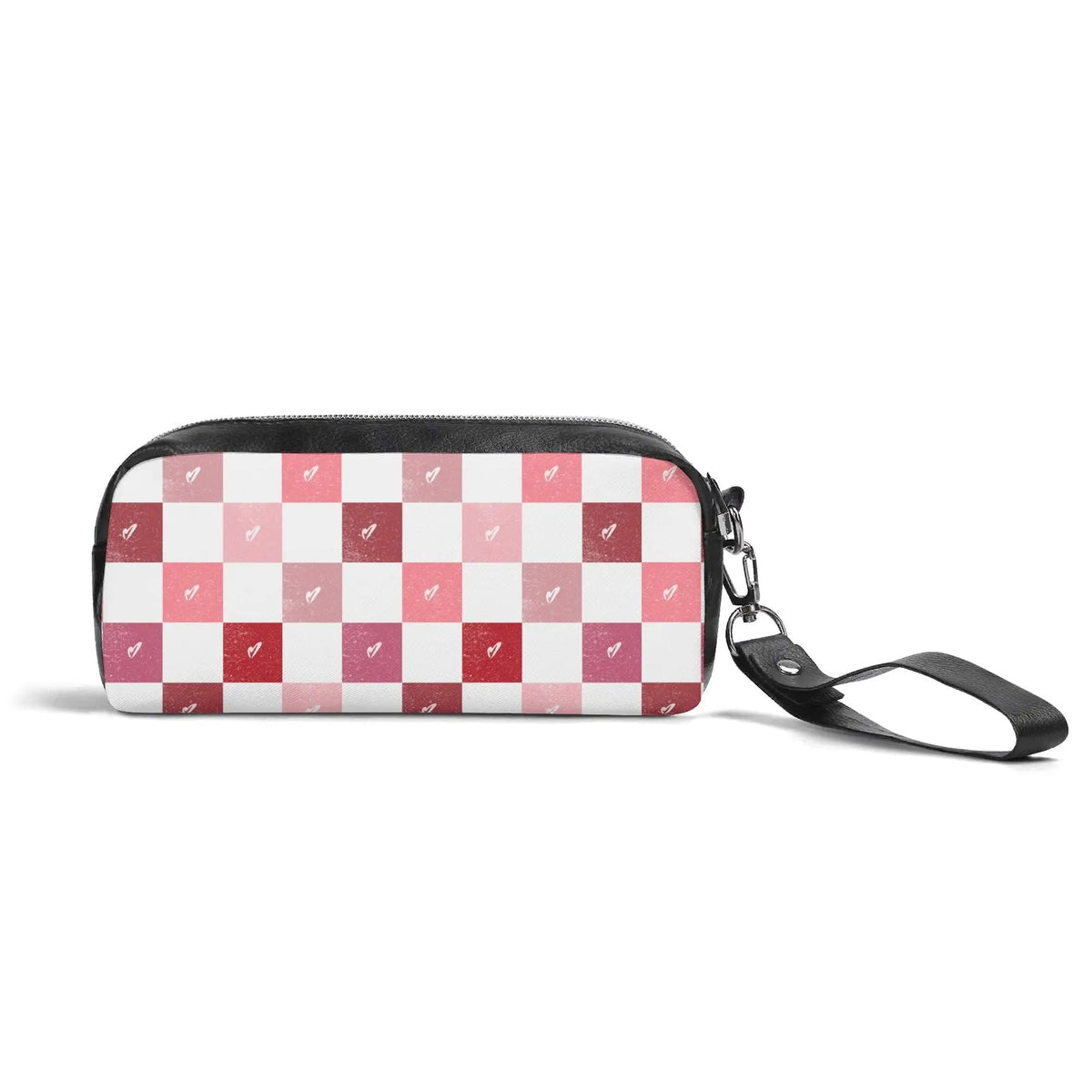 Checkerboard hearts cosmetic bag by Winks Design Studio, LLC featuring a black and white pattern with red heart accents.