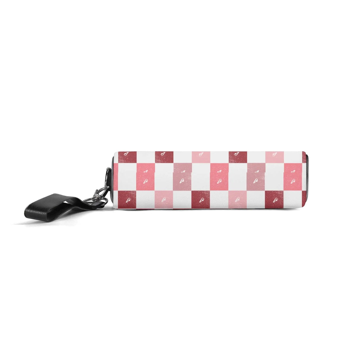 Checkerboard hearts cosmetic bag by Winks Design Studio, LLC with black and white pattern and red heart accents.