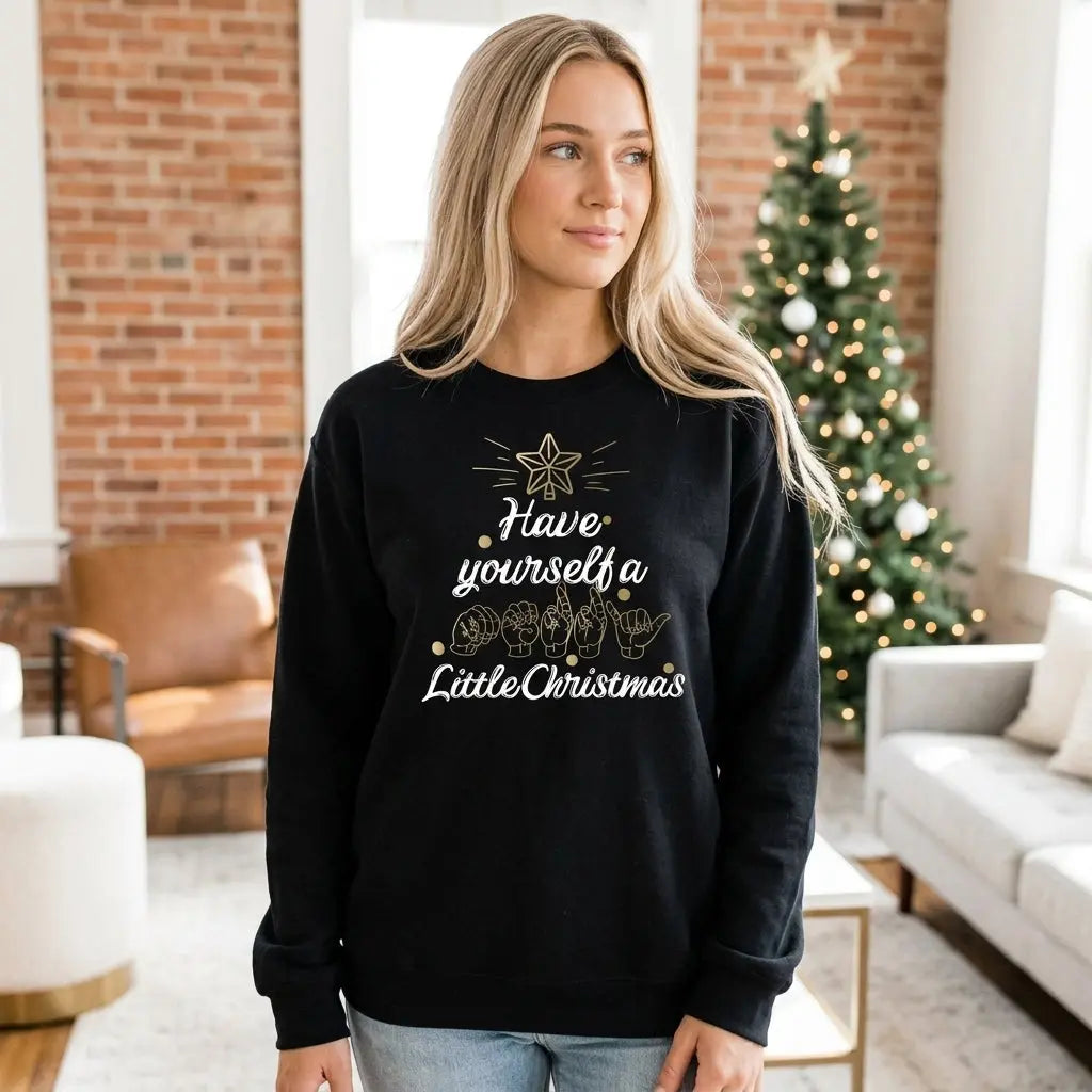 Long sleeve shirt with "Merry Little Christmas" in American Sign Language, from Winks Design Studio LLC, featuring festive holiday design.