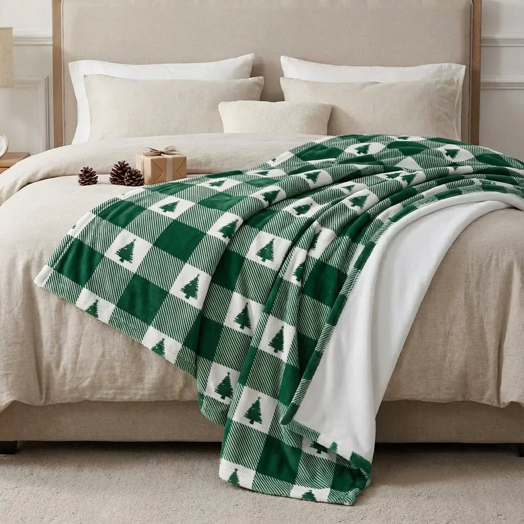 Buffalo check Christmas tree throw blanket by Winks Design Studio, LLC featuring red and black plaid pattern for holiday decor.