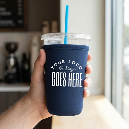 Custom neoprene cup sleeve by Winks Design Studio, LLC, featuring colorful patterns and a snug fit for hot and cold beverages.