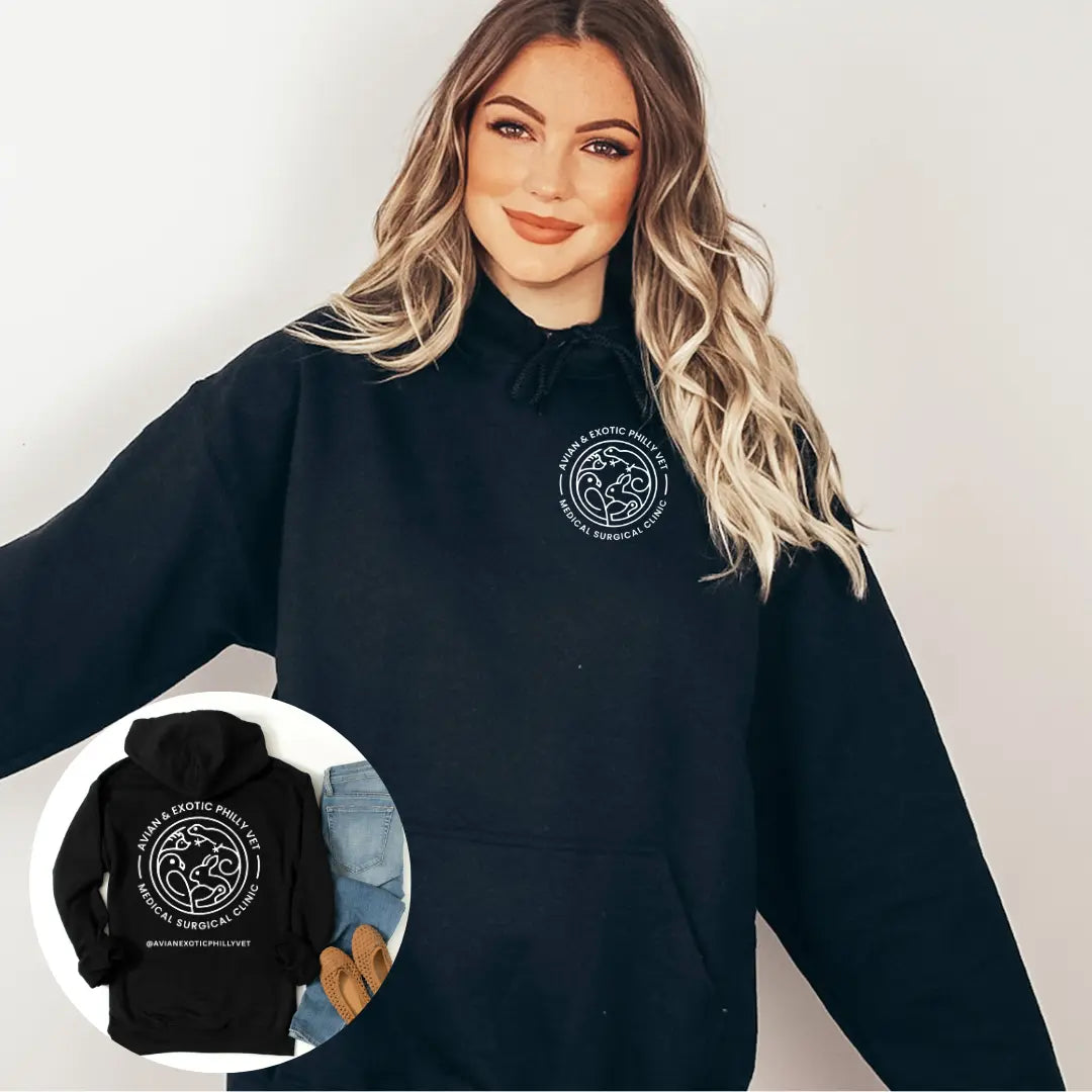 Winks Design Studio Avian Exotic Front Pouch Hoodie showing a colorful bird design on the front, casual comfort wear.