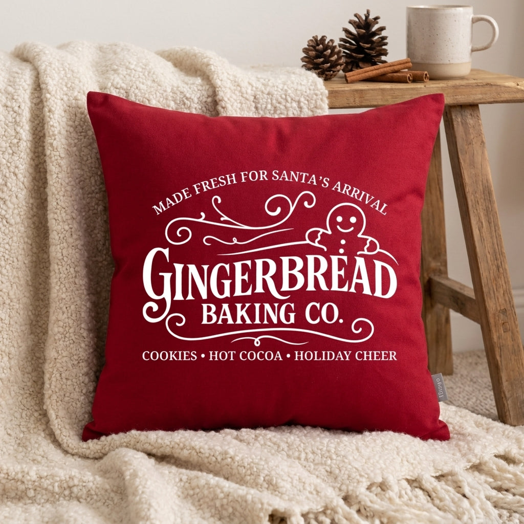 Winks Design Studio Gingerbread Baking Co. pillow featuring festive gingerbread and holiday-themed design, soft decorative cushion.