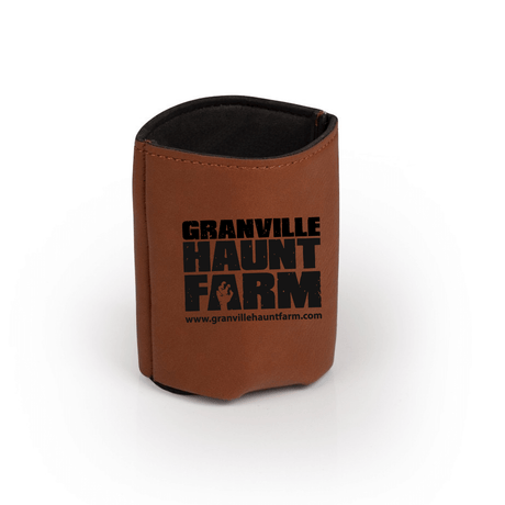 Granville Haunt Farm Drink Koozie in brown, featuring bold logo for keeping drinks chilled at events.