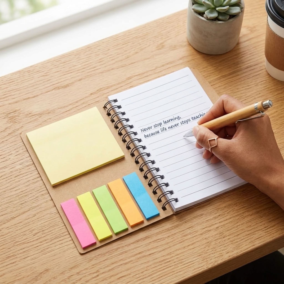 A spiral-bound notepad set on a wooden desk, featuring a lined page with a quote, a yellow sticky note pad, and five colorful sticky tabs in pink, yellow, green, orange, and blue. A hand is writing on the page with a wooden pen, with a small potted succulent and a coffee cup in the background.