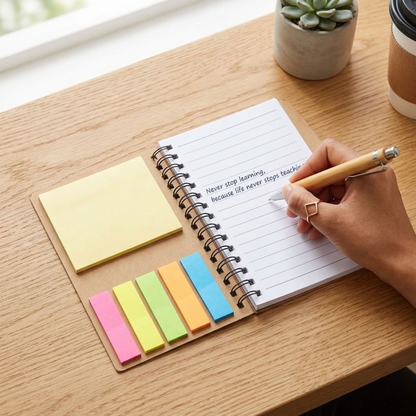 A spiral-bound notepad set on a wooden desk, featuring a lined page with a quote, a yellow sticky note pad, and five colorful sticky tabs in pink, yellow, green, orange, and blue. A hand is writing on the page with a wooden pen, with a small potted succulent and a coffee cup in the background.