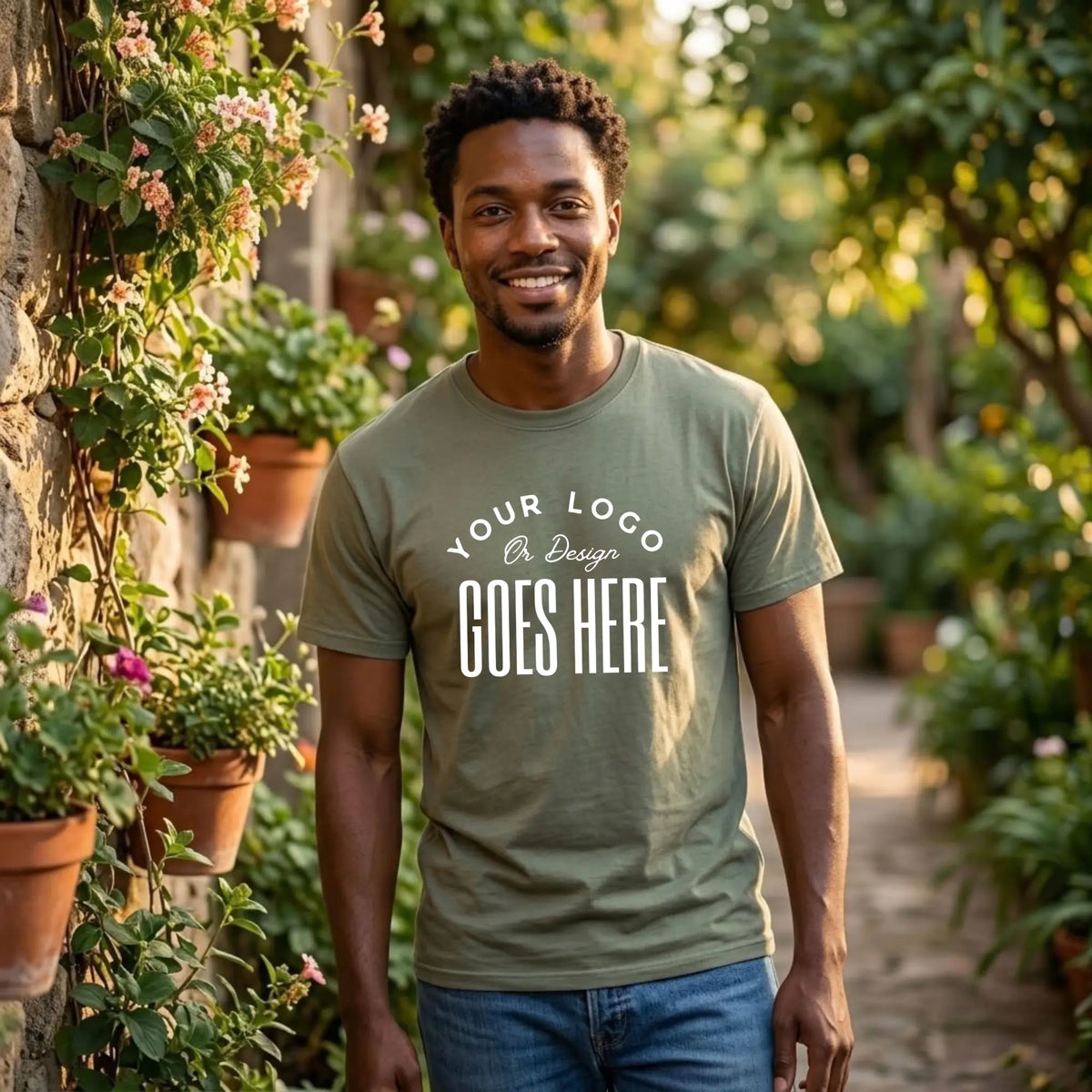 Man in a sage green custom t-shirt with a large white "Your Logo or Design Goes Here" center chest placeholder on a garden path