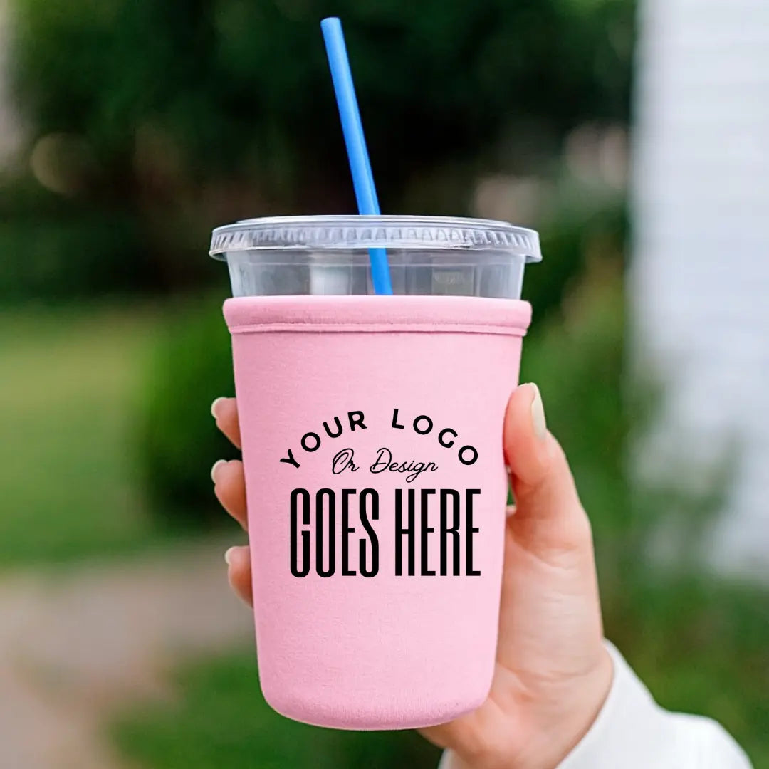 Custom neoprene cup sleeve by Winks Design Studio, LLC, featuring colorful patterns and snug fit for hot and cold beverage cups.