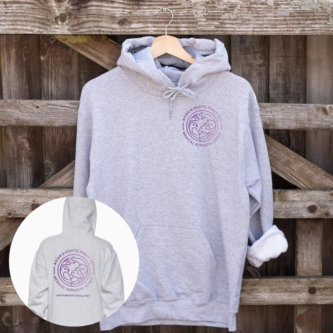 Winks Design Studio, LLC Avian Exotic Front Pouch Hoodie featuring colorful bird and floral print on a cozy gray hoodie.