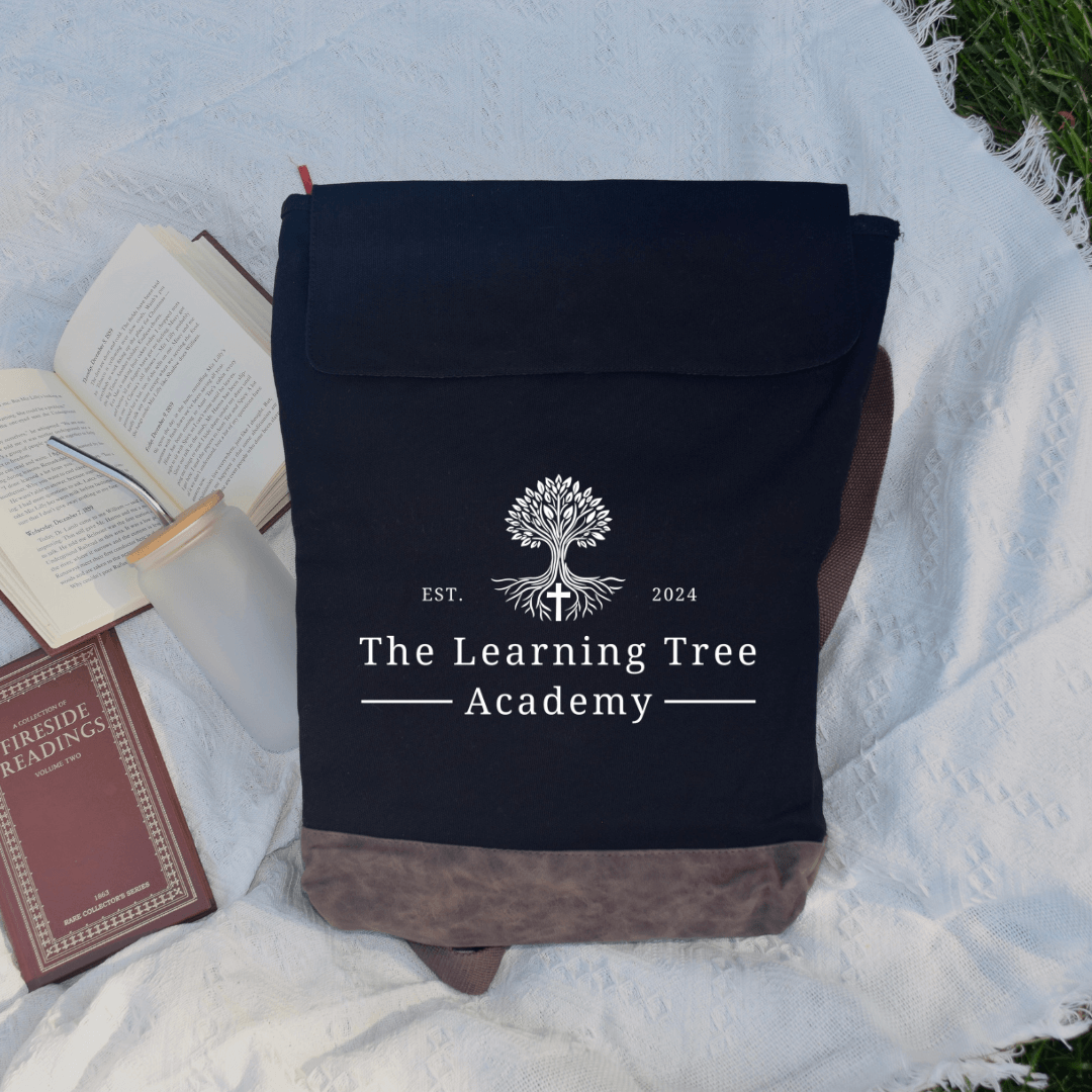 Learning Tree Academy rucksack backpack with logo, designed for style and functionality, ideal for students and professionals.