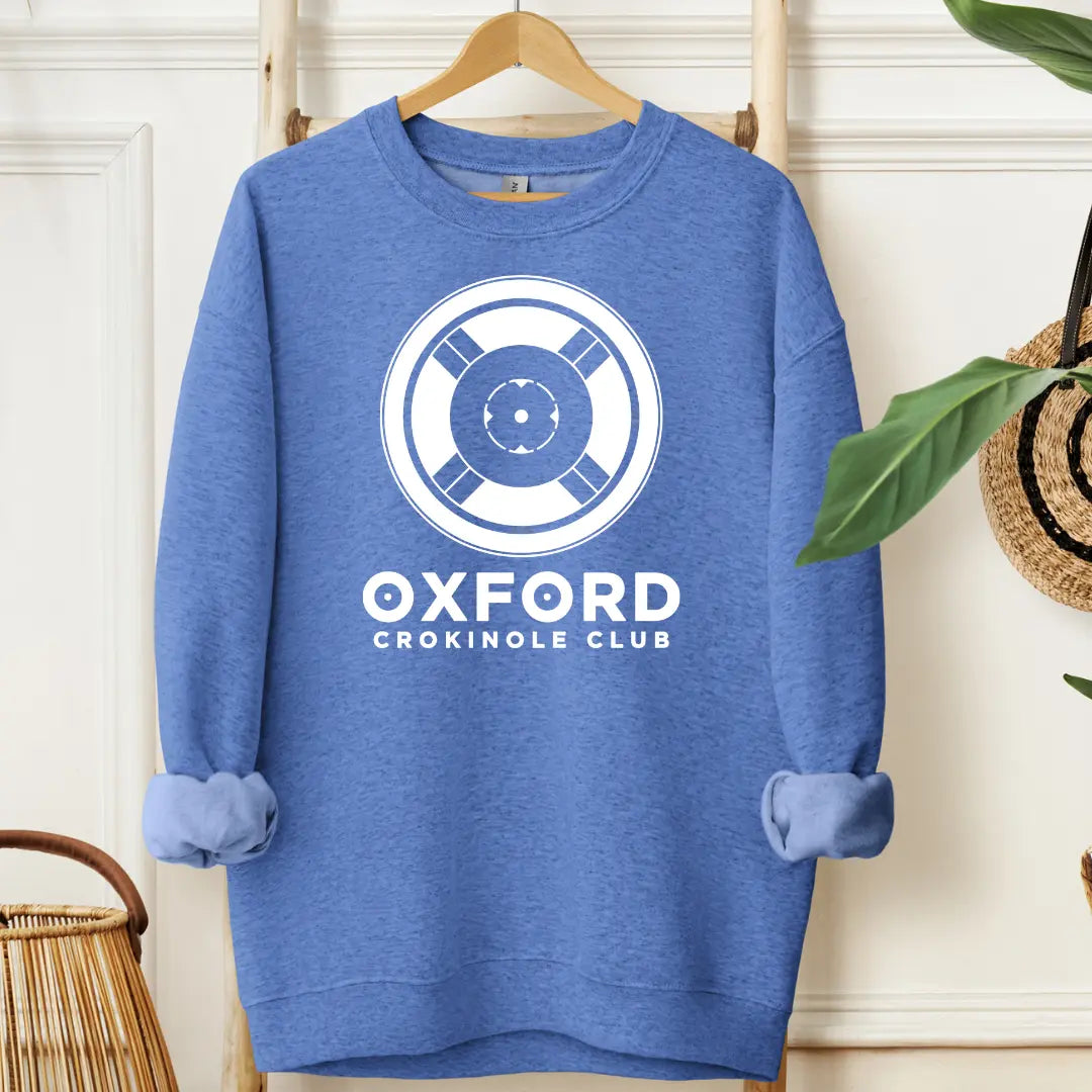 Winks Design Studio LLC Oxford Crokinole Club crewneck hoodie in navy with embroidered Crokinole logo on front.