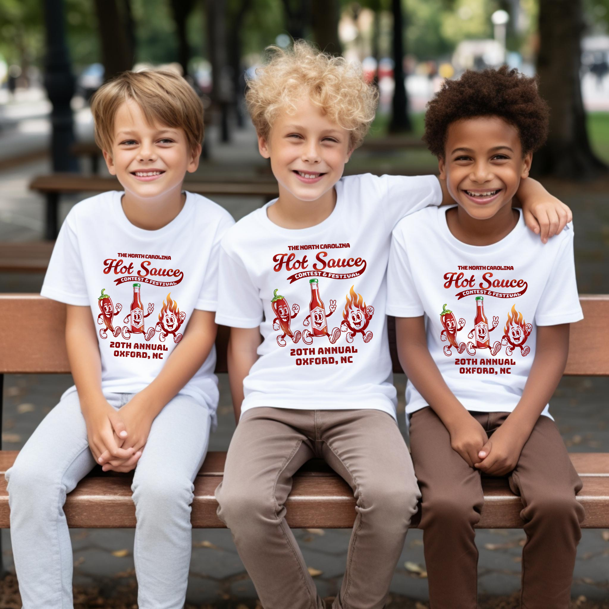 Kids T-shirt featuring retro hot sauce festival character design by Winks Design Studio, LLC. Bright, colorful graphic on cotton tee.