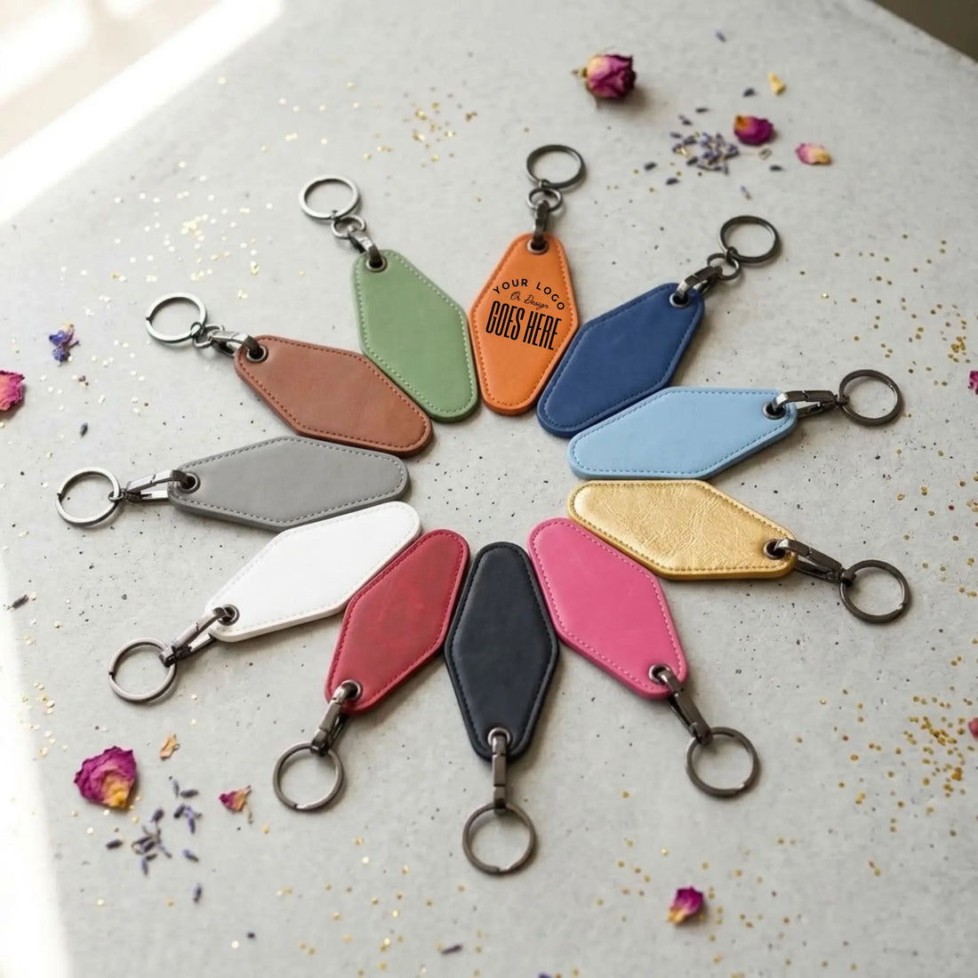 A set of colorful faux leather keychains arranged in a circular pattern on a light gray surface with dried flower petals and gold glitter. The keychains come in multiple colors including green, orange, blue, brown, gray, white, red, black, gold, pink, and purple, with one orange keychain featuring the text &