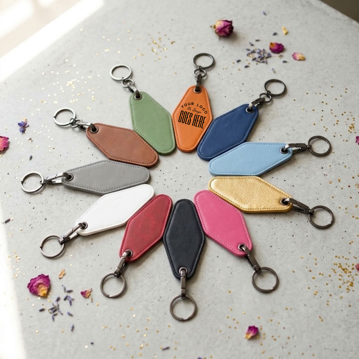 A set of colorful faux leather keychains arranged in a circular pattern on a light gray surface with dried flower petals and gold glitter. The keychains come in multiple colors including green, orange, blue, brown, gray, white, red, black, gold, pink, and purple, with one orange keychain featuring the text &