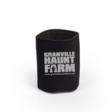 Granville Haunt Farm Drink Koozie featuring bold logo, perfect for Halloween parties and keeping drinks cold.