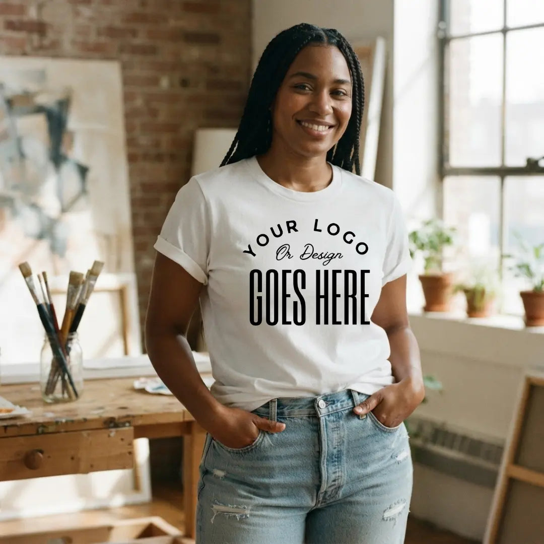 White custom t-shirt with a large black "Your Logo or Design Goes Here" center chest placeholder print