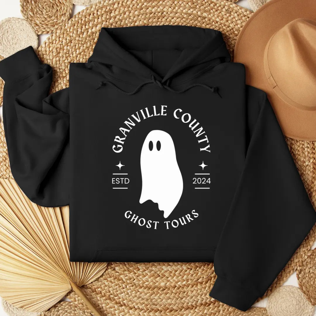 Winks Design Studio Ghost Tours pocket hoodie featuring a spooky ghost graphic and comfortable pullover style.