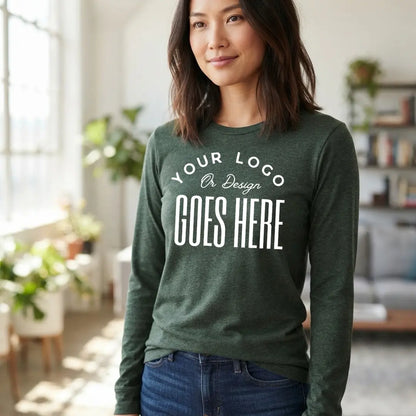 Heather forest green custom long sleeve t-shirt with a large white "Your Logo or Design Goes Here" center chest placeholder print