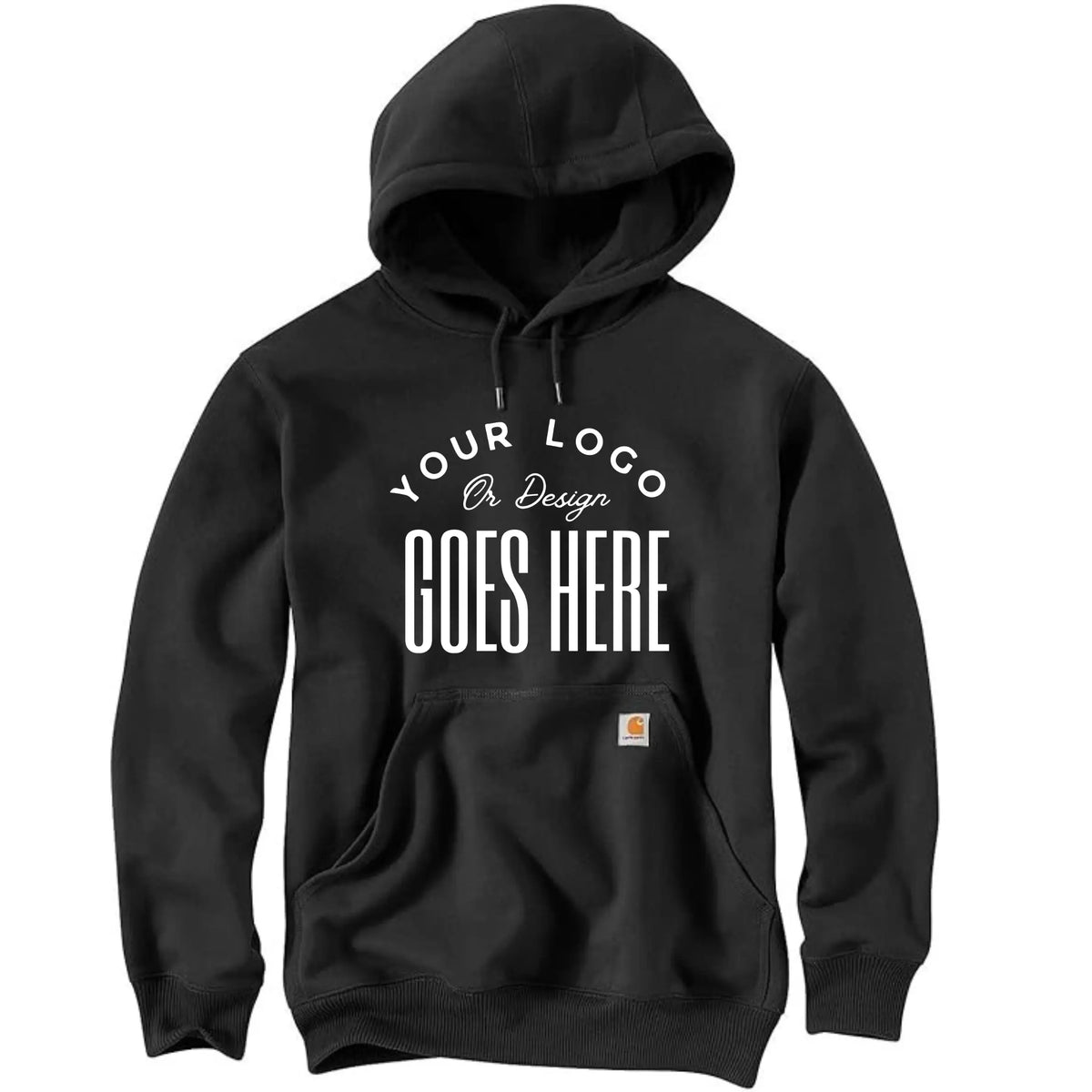 Winks Design Studio Carhartt Rain Defender heavyweight hoodie, 13oz water-repellent work sweatshirt, front view with hood